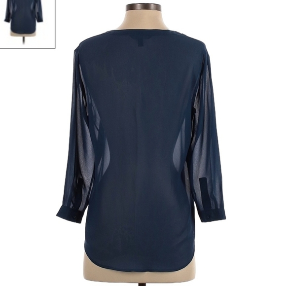 Banana Republic Sheer Blouse Long Sleeve Navy Women's Small S V-Neck Blouse Top - Picture 2 of 5